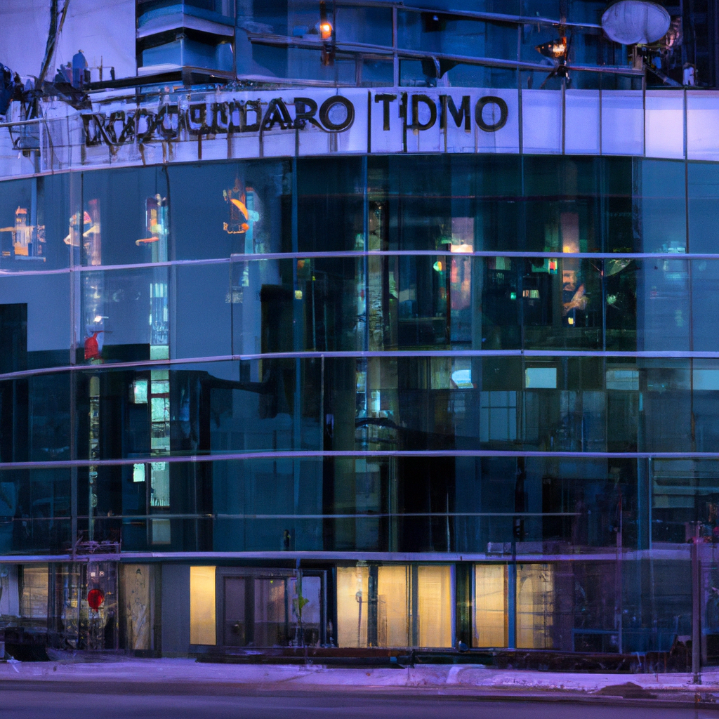 Toronto flagship exterior at dusk with glass facade